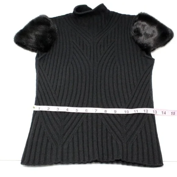 Valentino Black Cashmere Wool Sweater Genuine Fur Short Sleeve Mock neck Top